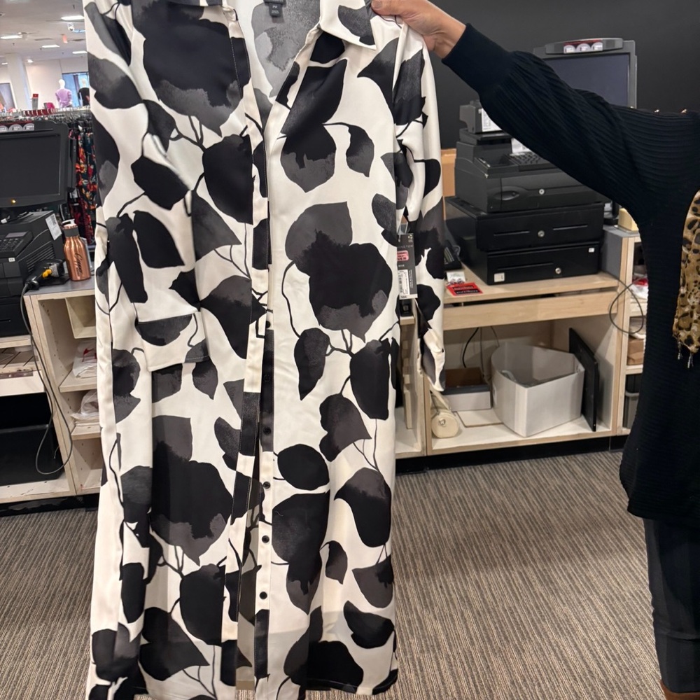 Worthington Black/🤍🩶 White Tie Front Shirt Dress - Picture 3 of 8